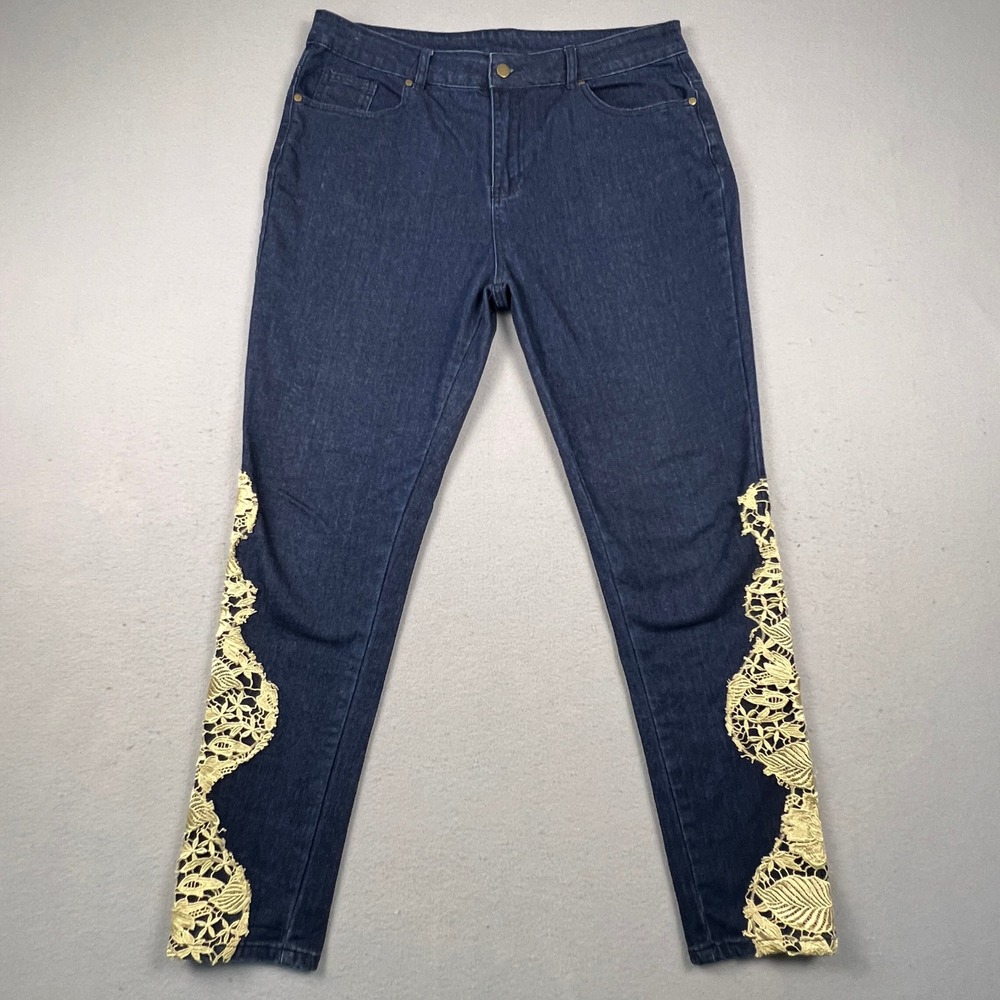 K. Jordan Lace Applique Jeans Womens 16 Blue Dark Wash Skinny Boho Denim Pants - Picture 1 of 13